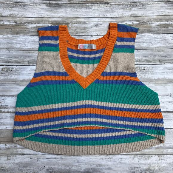 Free People Beach Marsha Striped Sweater Vest Sz XL Cropped Green Coastal Boho - Picture 6 of 12